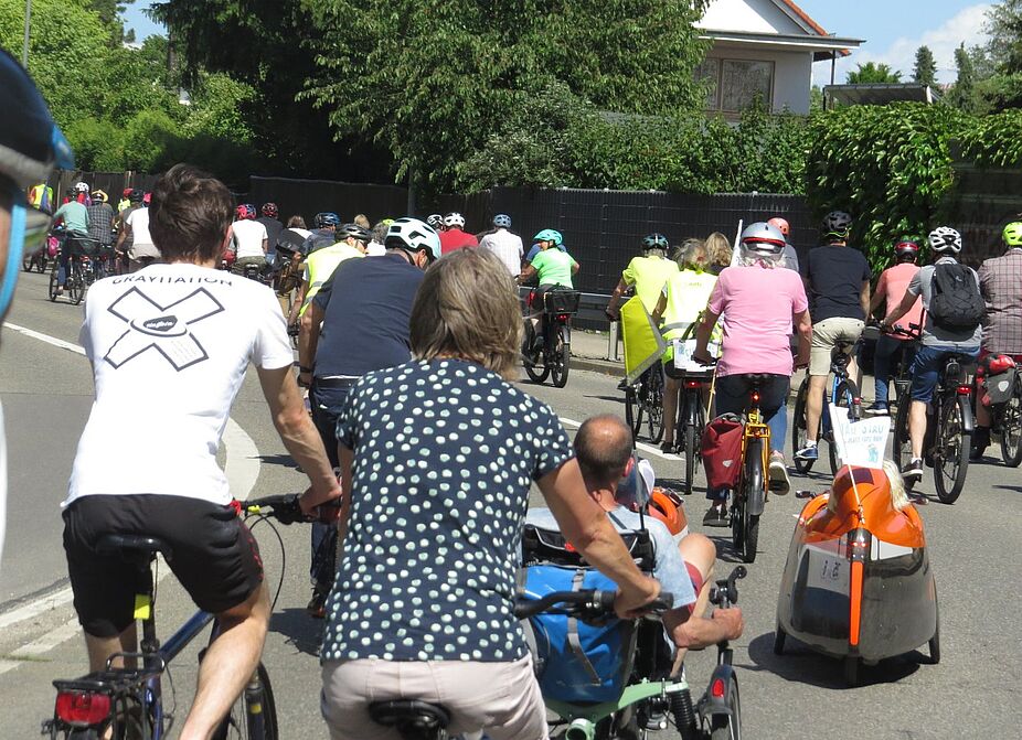 Ciao Stau - besser fahren mit dem Rad Radfahrer von hinten bei der Fahrraddemo in einer Kolonne