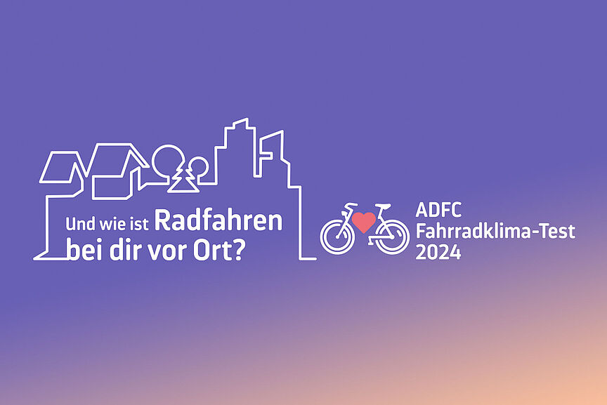 Logo Fahrradklimatest 2024 Das blaue Logo zeigt ein Fahrrad mit Herz und Umrisse einer Stadt und stellt die Frage: Wie ist Radfahren bei Dir vor Ort?