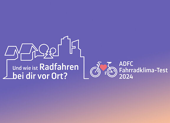 Das blaue Logo zeigt ein Fahrrad mit Herz und Umrisse einer Stadt und stellt die Frage: Wie ist Radfahren bei Dir vor Ort?