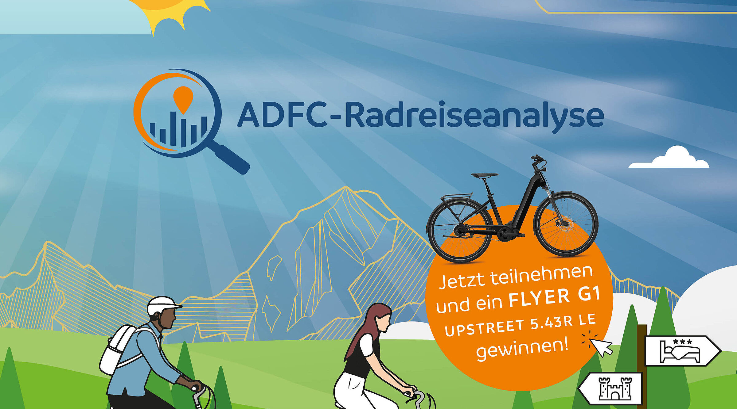 Zwei Radfahrer fahren durch ein egrüne Landschaft mit Sonne und Wolken