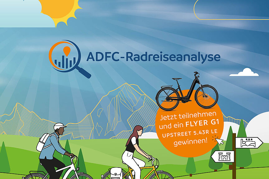 ADFC Radreiseanalyse Zwei Radfahrer fahren durch ein egrüne Landschaft mit Sonne und Wolken
