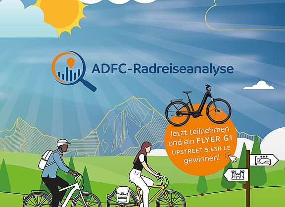 Zwei Radfahrer fahren durch ein egrüne Landschaft mit Sonne und Wolken