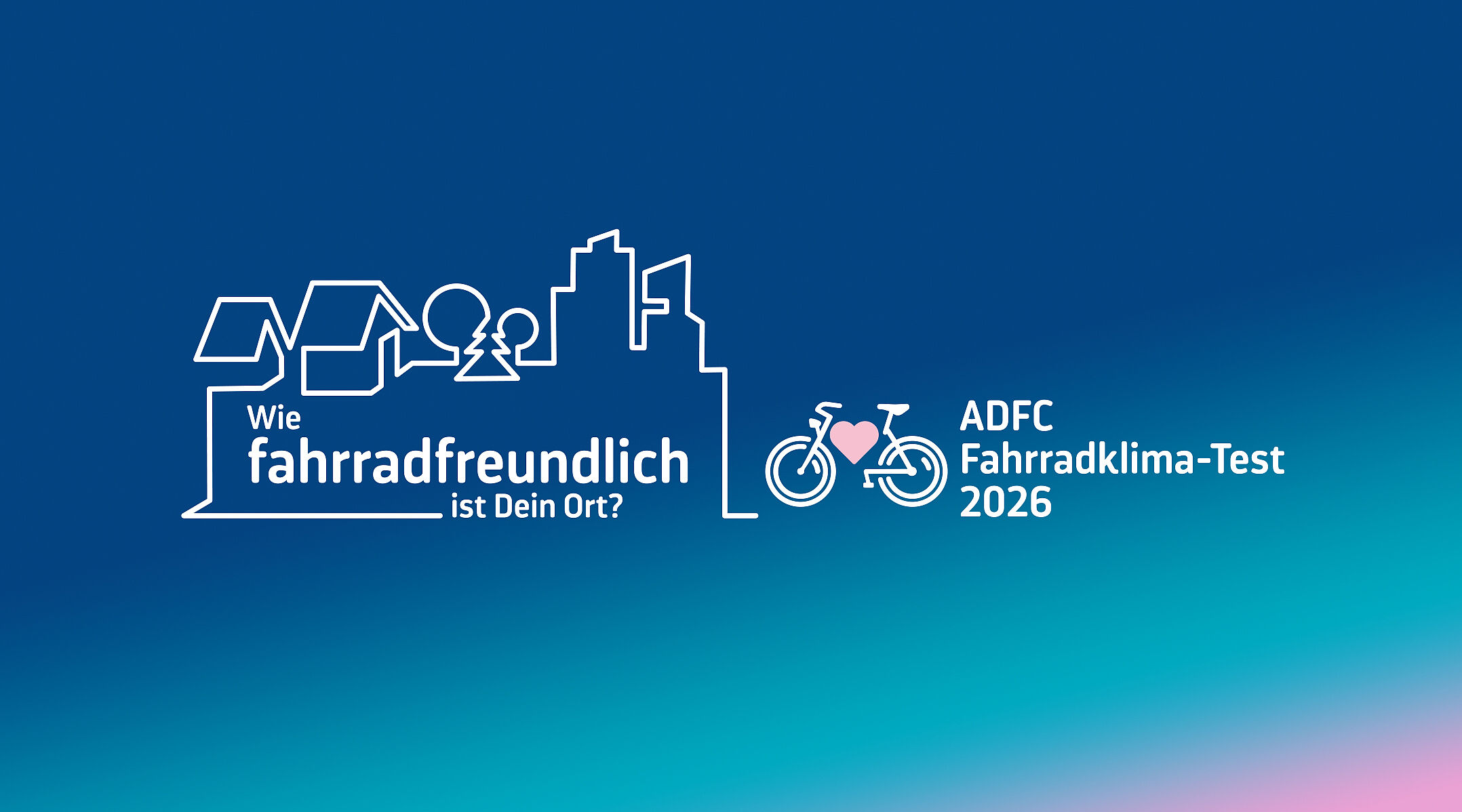 Logo des FKT 2026: Die Skyline einer Stadt mit dem Schriftzug "Wie fahrradfreundlich ist dein Ort? ADFC-Fahrradklima-Test 2026"